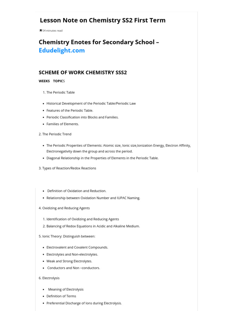 SS2 First Term Chemistry Lesson Note | PDF | Ion | Social Science