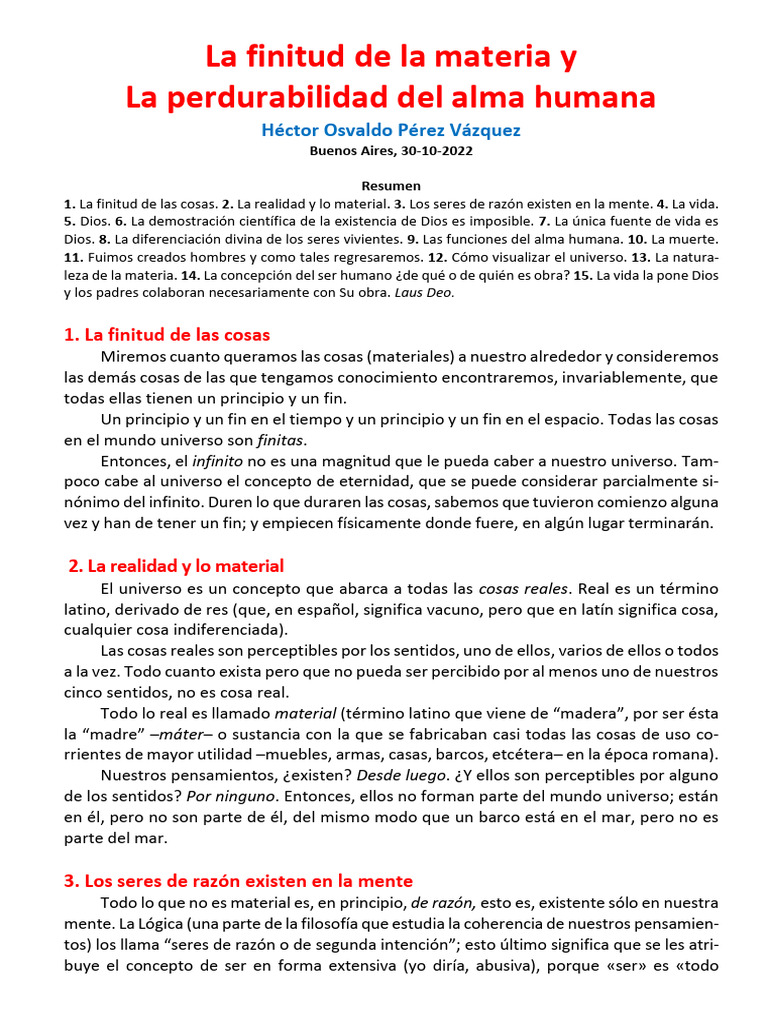 La Finitud de La Materia y La Perdurabilidad Del Alma Humana | PDF ...
