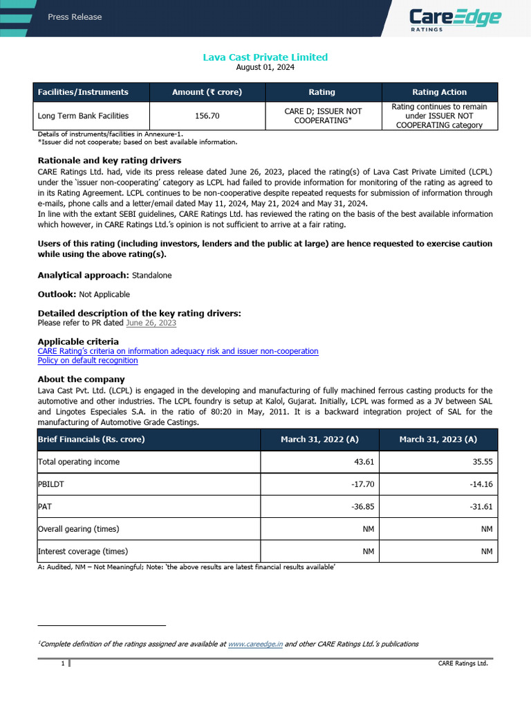 Lava Cast Pvt Ltd Rating Update | PDF | Banks | Loans