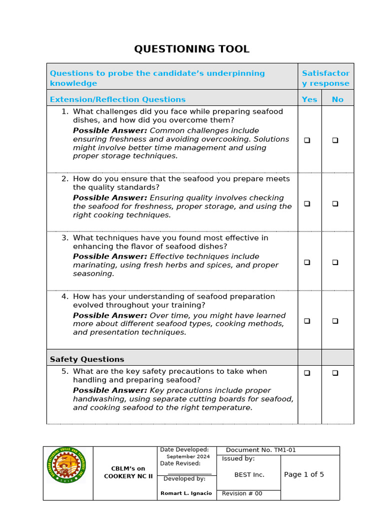 CBLM Questioning Tool Template | PDF | Cooking | Seafood