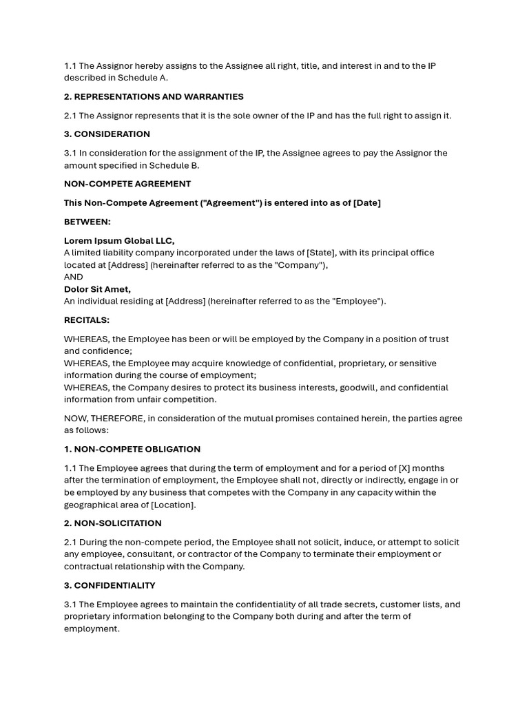 Non-Compete Agreement Template | PDF | Assignment (Law) | Law