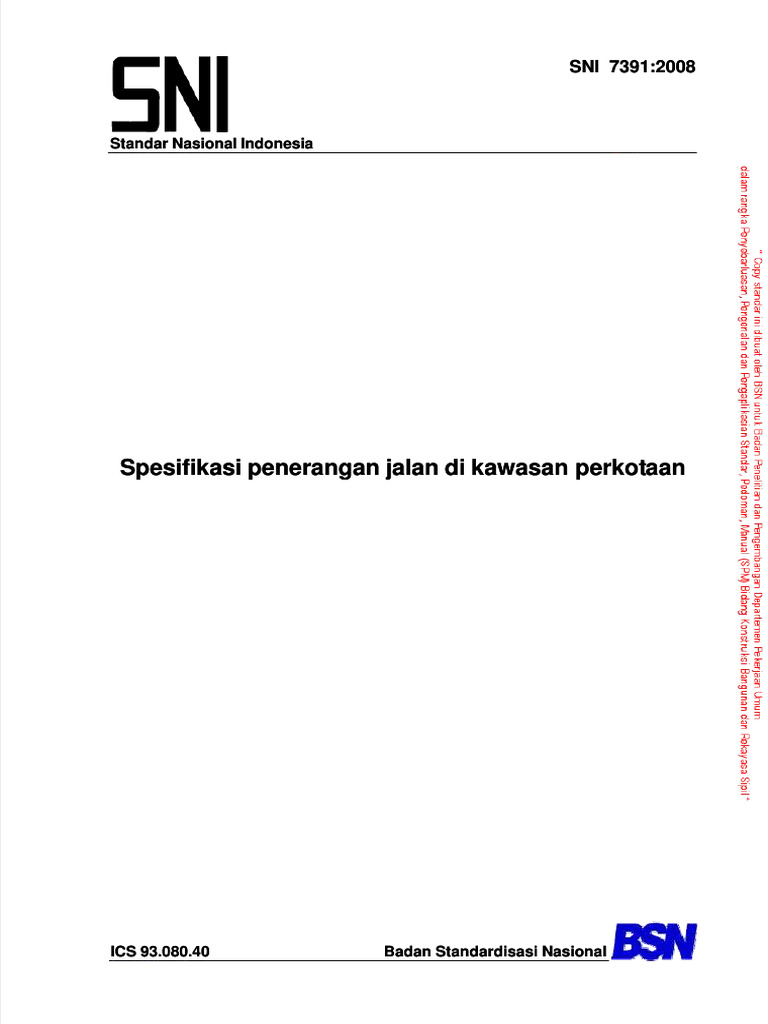 Sni 7391 2008 Spesifikasi Penerangan Jalan Di Kawasan Perkotaan | PDF