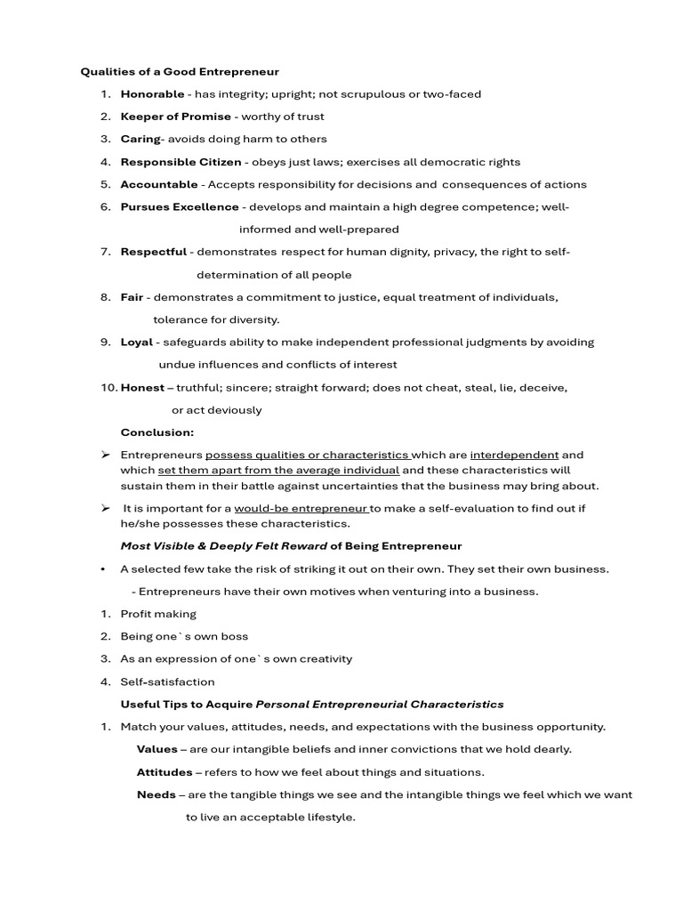 Qualities of A Good Entrepreneur .. | PDF