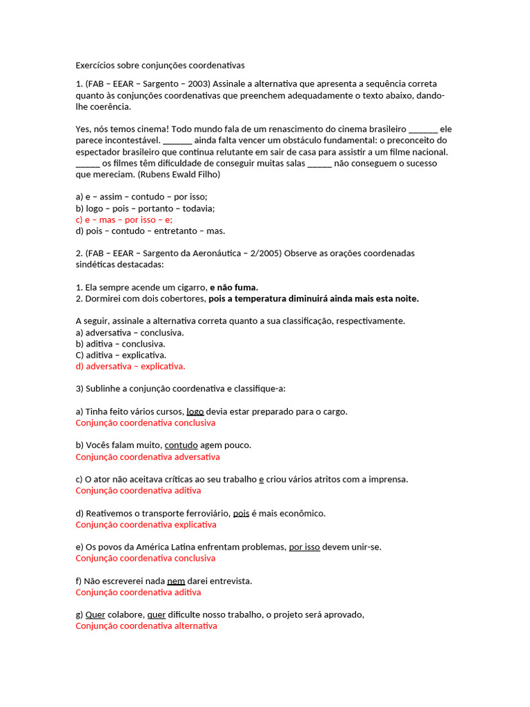 Exercícios Sobre Conjunções Coordenativas 1 | PDF