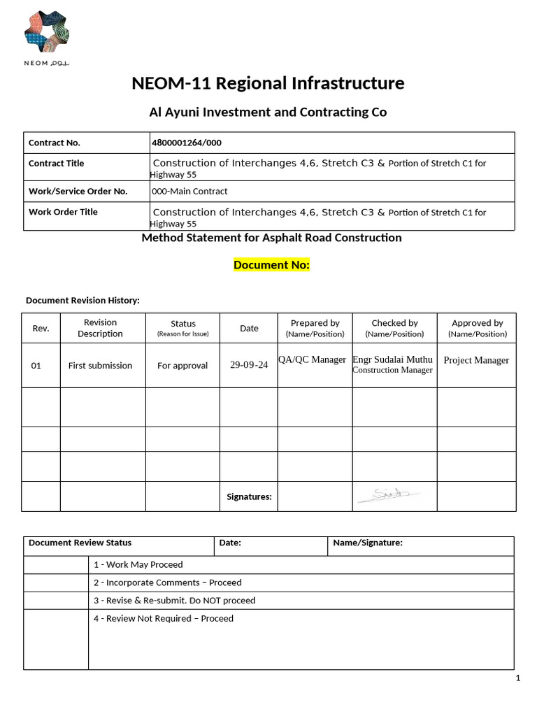 METHOD STATEMENT ASPHALT ROAD CONSTRUCTION | PDF
