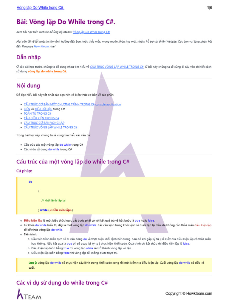 HOWKTEAM.VN - Vòng lặp Do While trong C#. | PDF