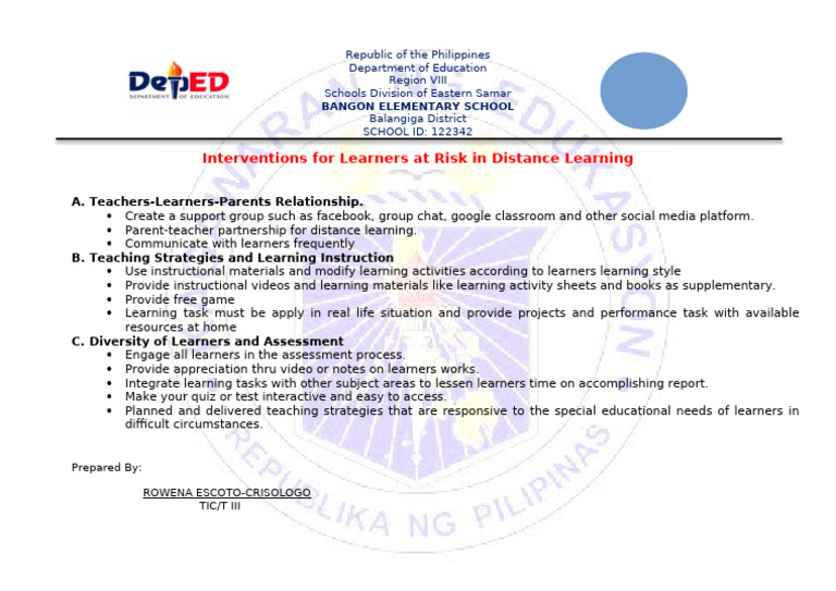 Interventions For Learners at Risk in Distance Learning | PDF