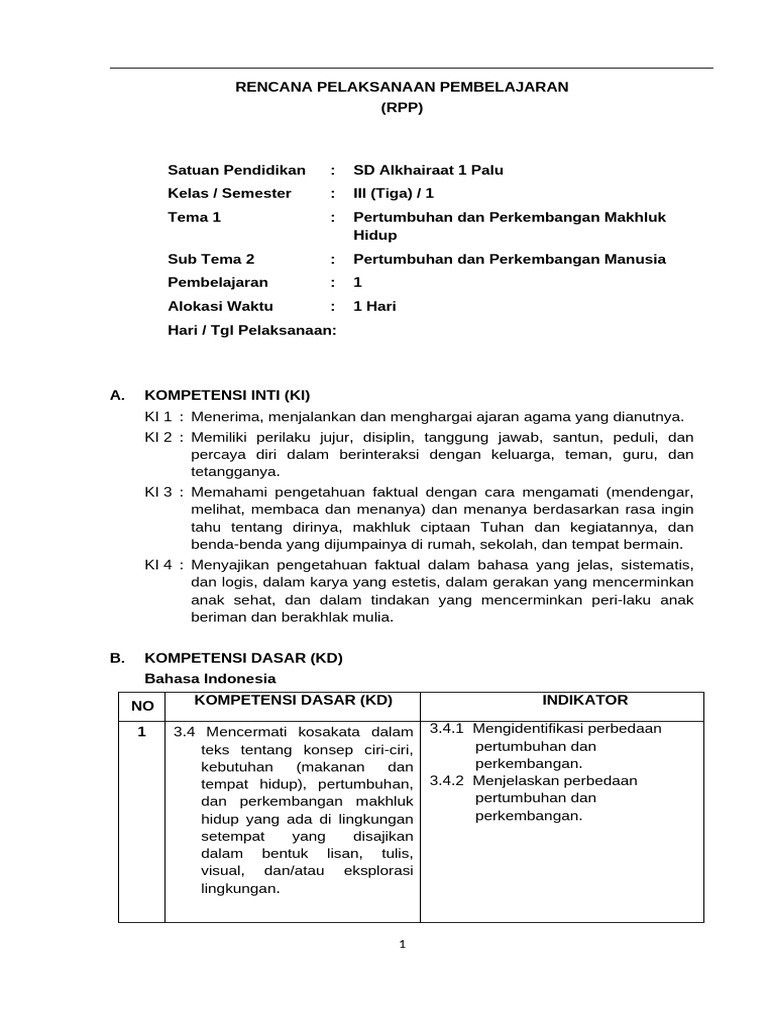 RPP KLS 3 Tema 1 ST 2 | PDF