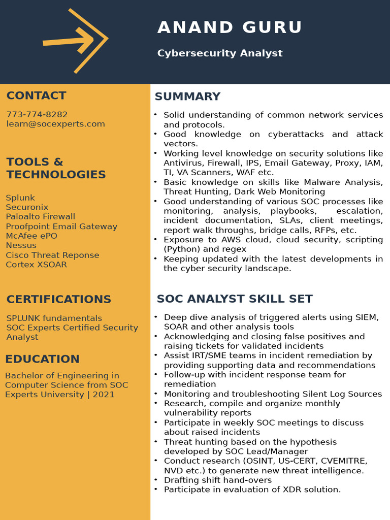 SOC Analyst Resume for Cybersecurity Roles | PDF | Security | Computer ...