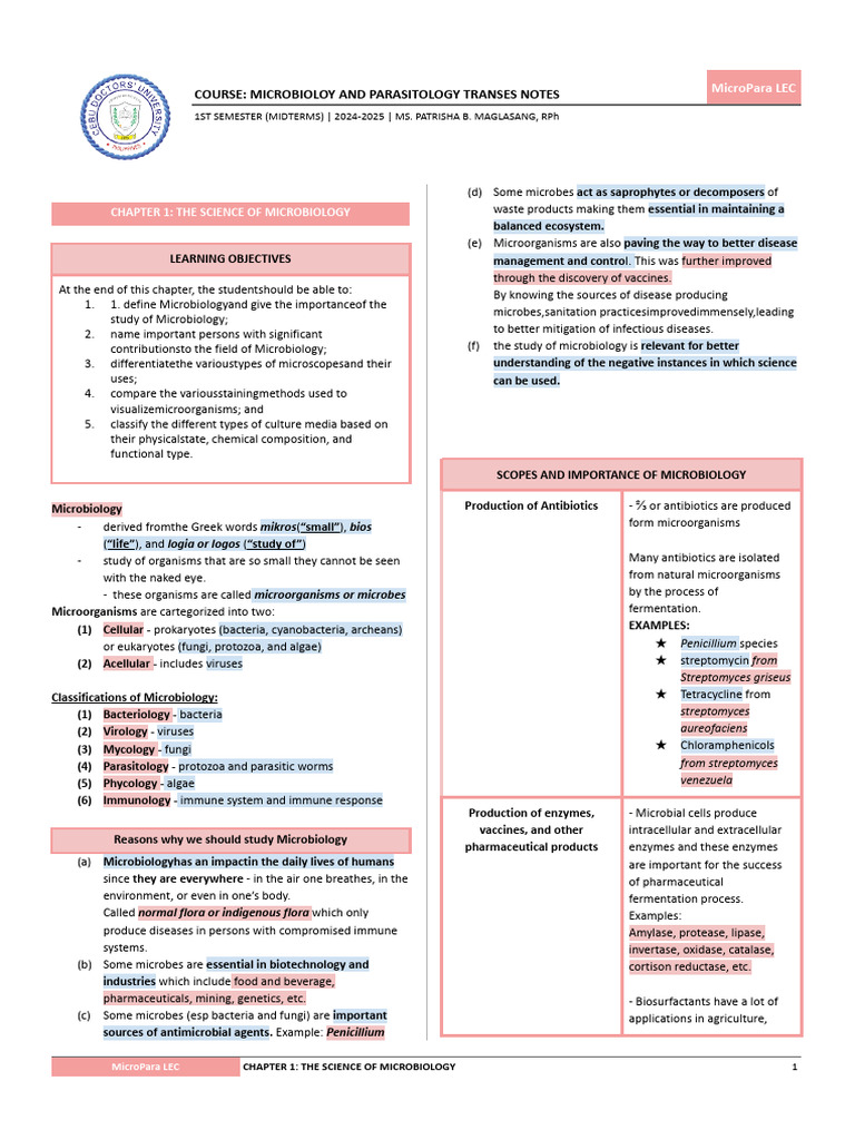Microbiology and Parasitology Notes For Midterms | PDF