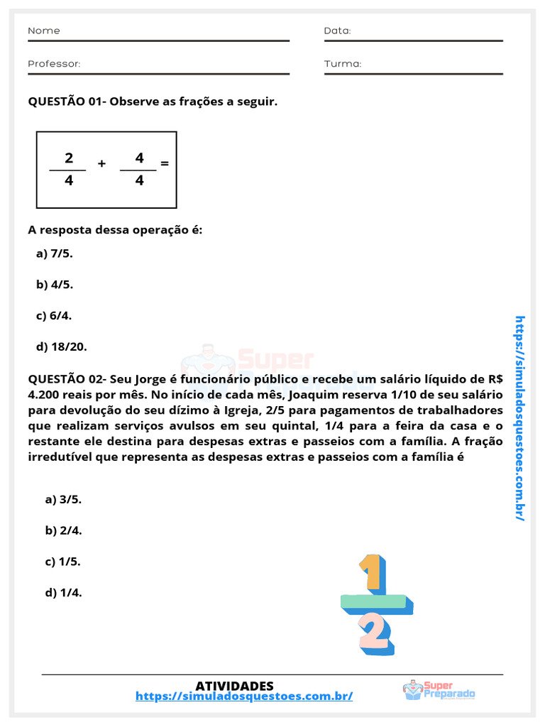Atividade de Fração - 6 Ano | PDF