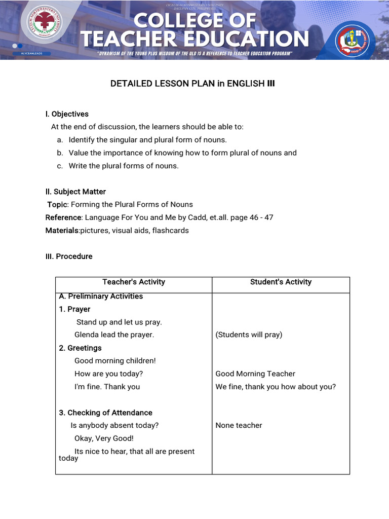 Lesson Plan: Plural Nouns in English III | PDF | Plural | Grammatical ...