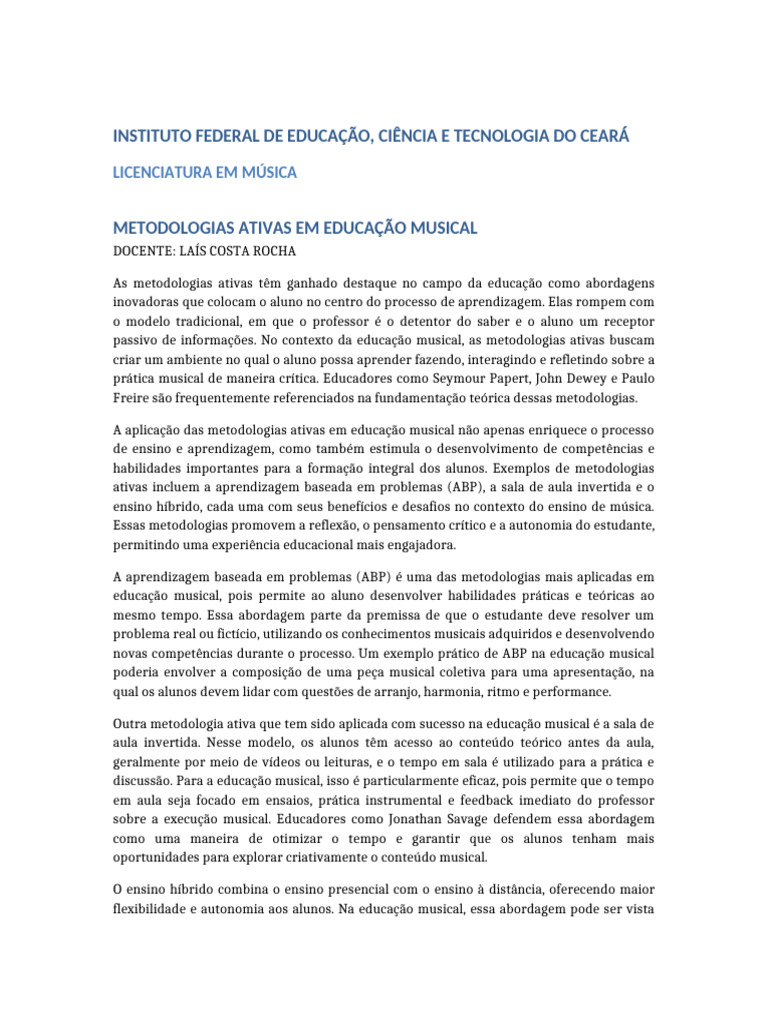 Metodologias Ativas na Educação Musical | PDF | Educação Musical ...