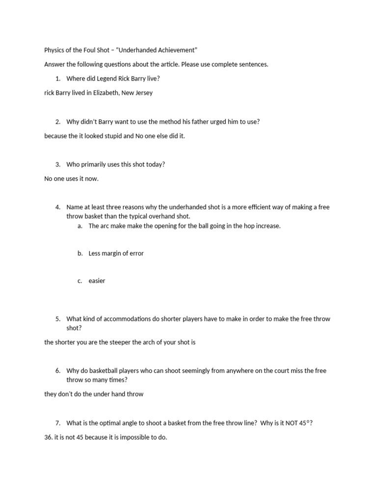 The Physics of the Foul Shot _ Underhanded Achievement questions PDF