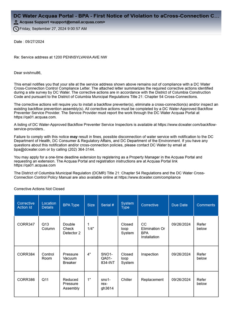 Dc water acquaa portal bpa first notice of violation to across