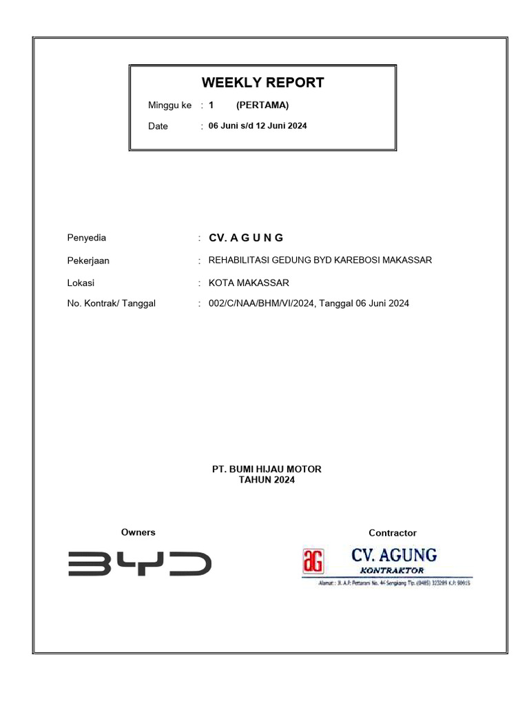 M1-Weekly Progress Report BYD-CV - AGUNG | PDF