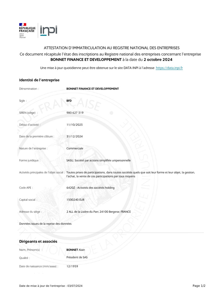BFD BONNET FINANCE ET DEVELOPPEMENT - Extrait INPI | PDF