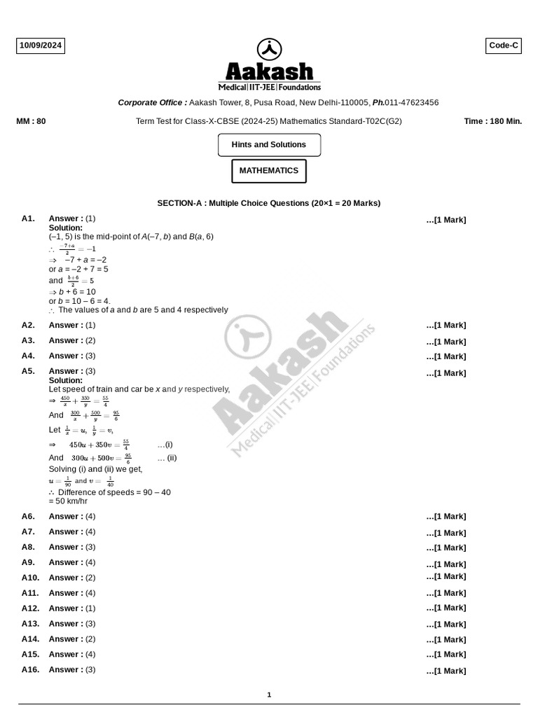 Term Test-2C (CBSE - G-2) Maths-Standard (C-10) (10-09-2024) - SOL | PDF