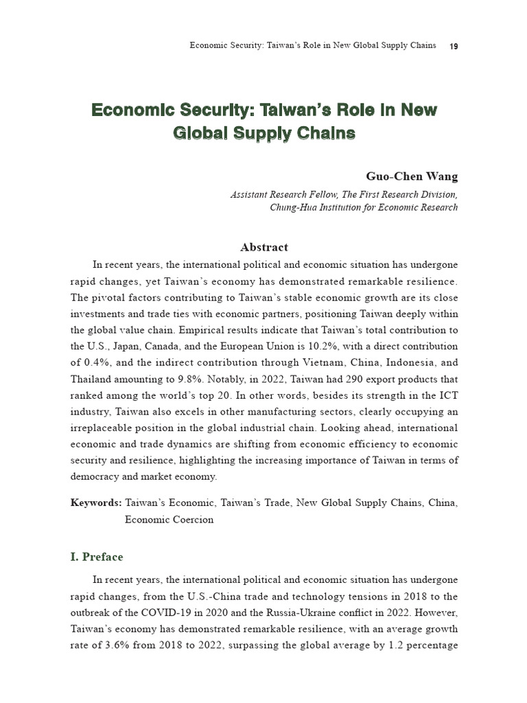 Economic Security Taiwan's Role in New Global Supply Chains | PDF
