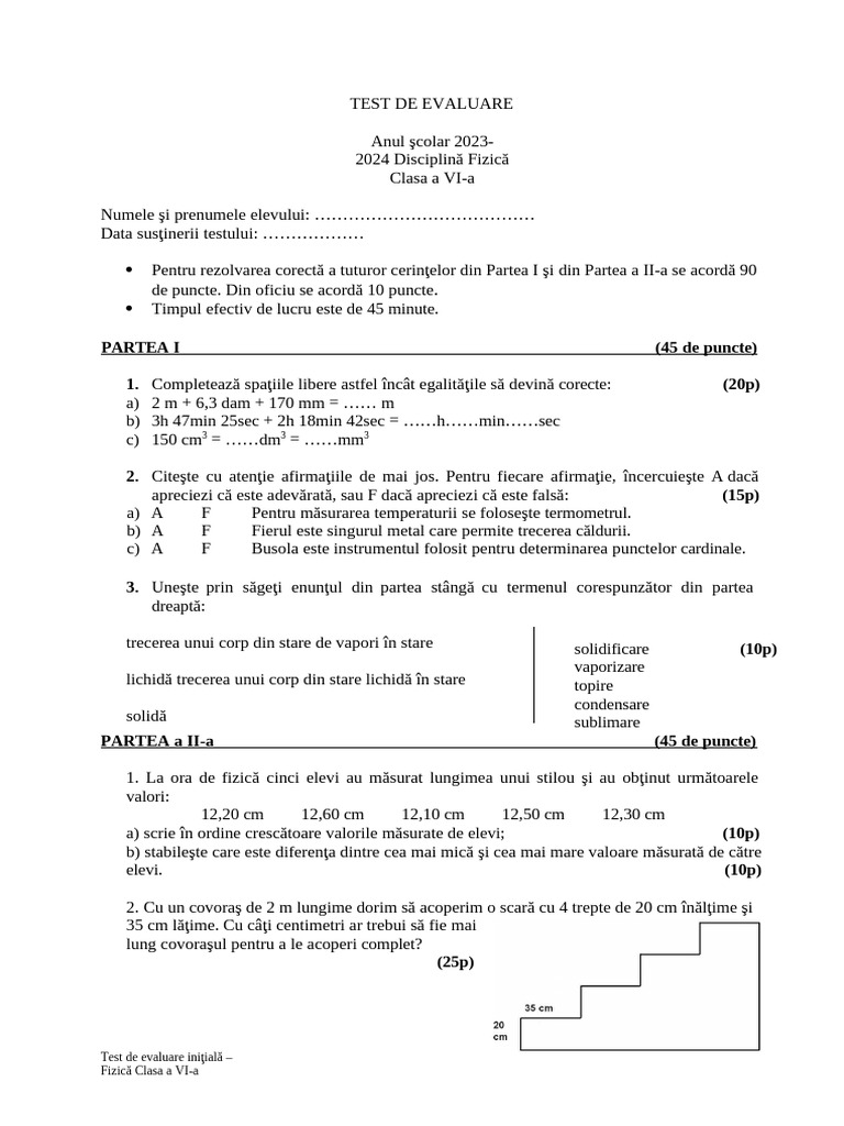 Test Evaluare Inițială Fizică Clasa 6 | PDF