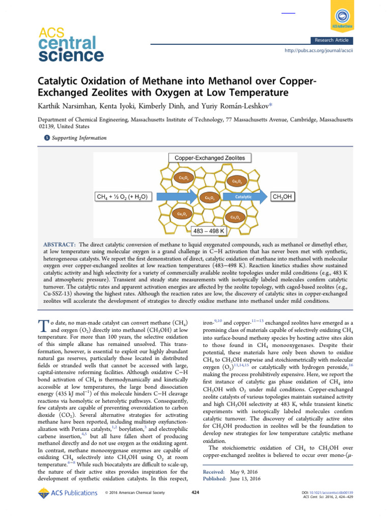 Narsimhan Et Al 2016 Catalytic Oxidation of Methane Into Methanol Over ...