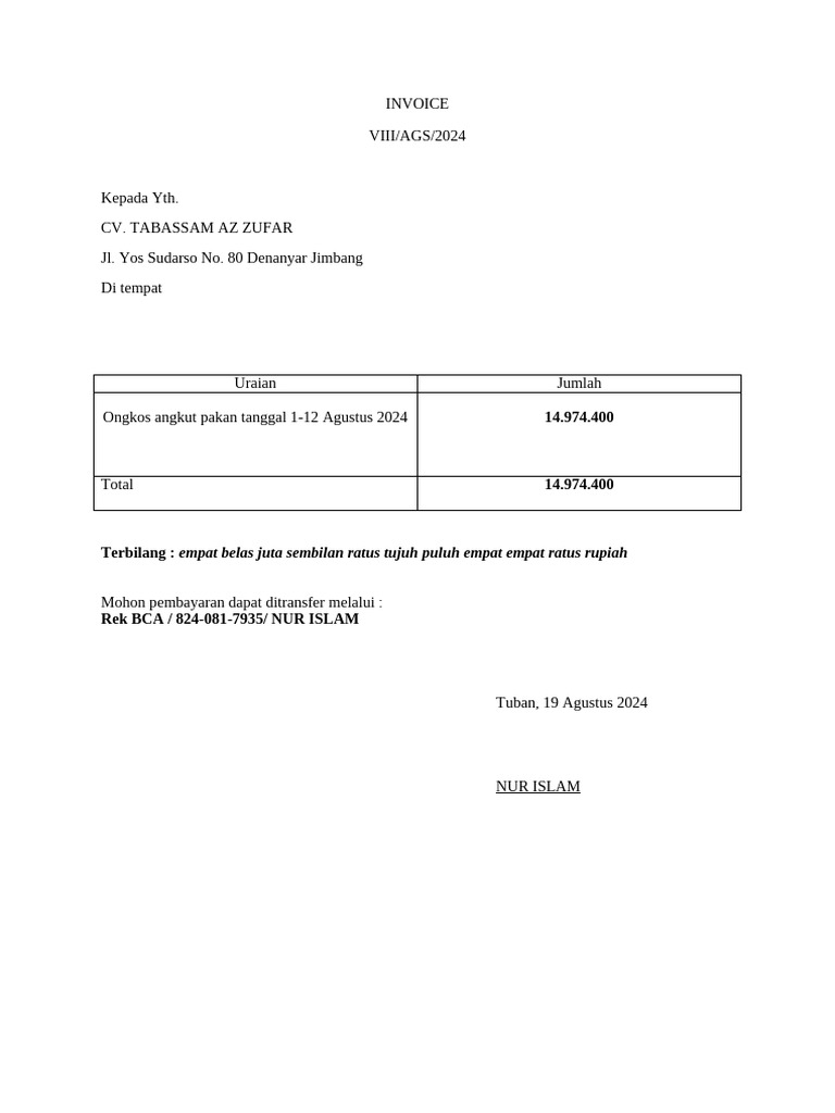 Invoice Agustus 2024 Pdf
