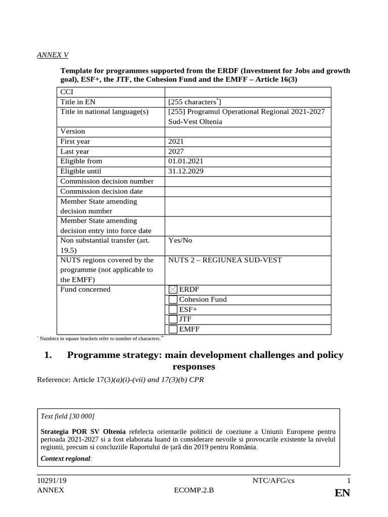 Template For Programmes Supported From The ERDF (Investment For Jobs ...