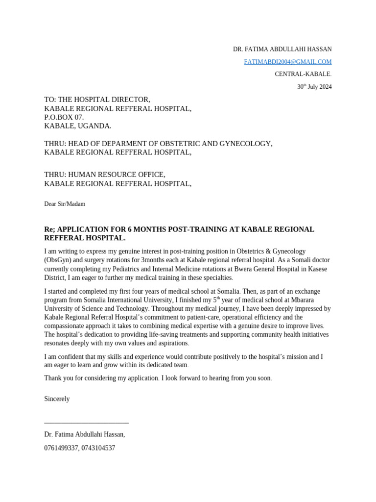 Dr fatima abdullahi hassan re application for 6 months post training