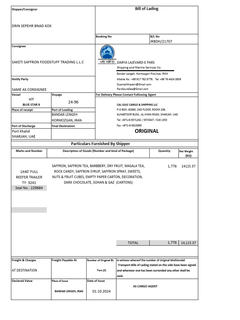 Original: Bill of Lading | PDF