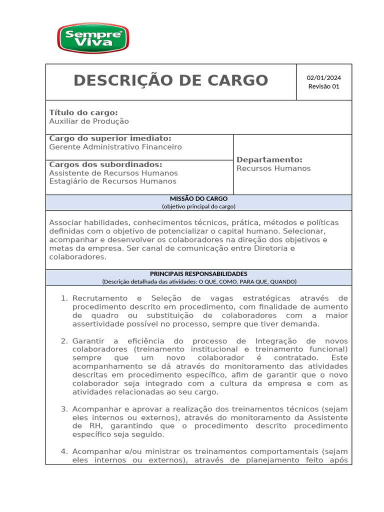 Descrição Auxiliar de Produção | PDF