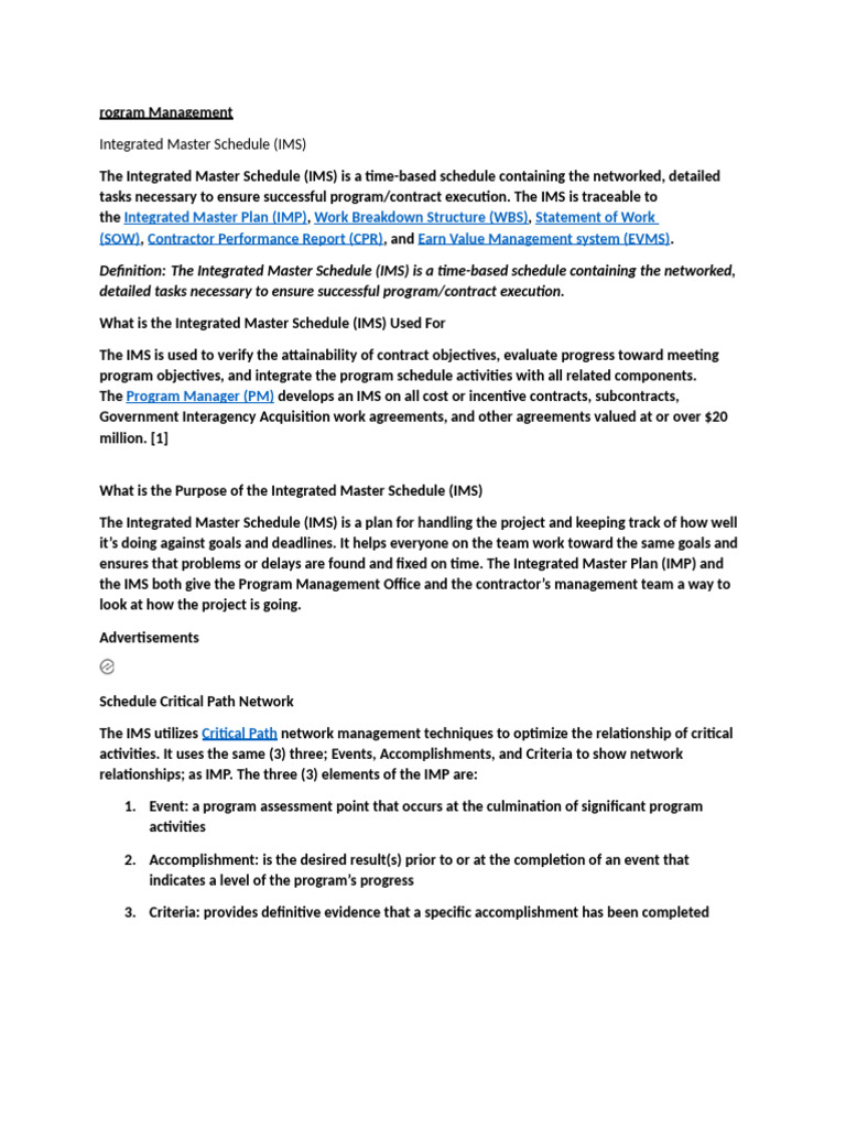 Integrated Master Schedule (IMS) | PDF