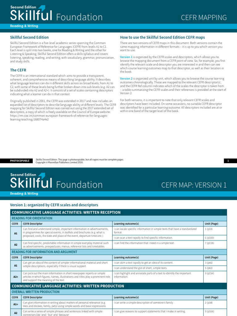 Skillful 2nd Ed. Foundation Reading and Writing CEFR Map | PDF