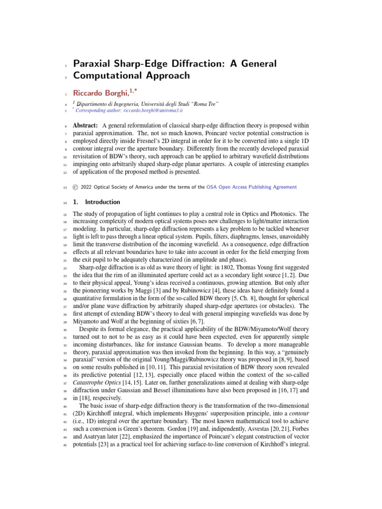 Paraxial Sharp-Edge Diffraction: A General Computational Approach | PDF