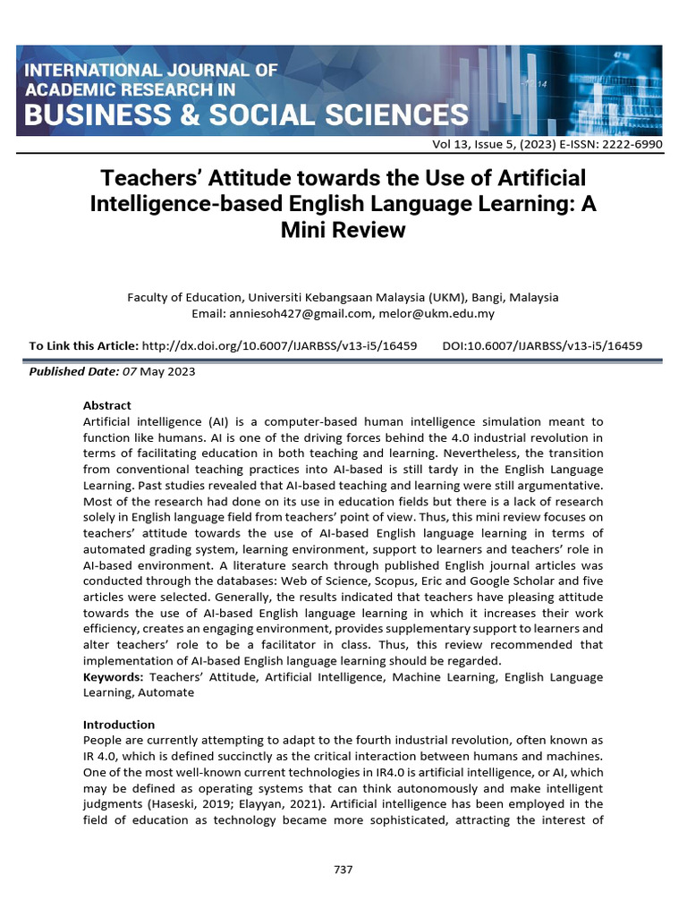 Teachers Attitude Towards The Use of Artificial Intelligence Based ...