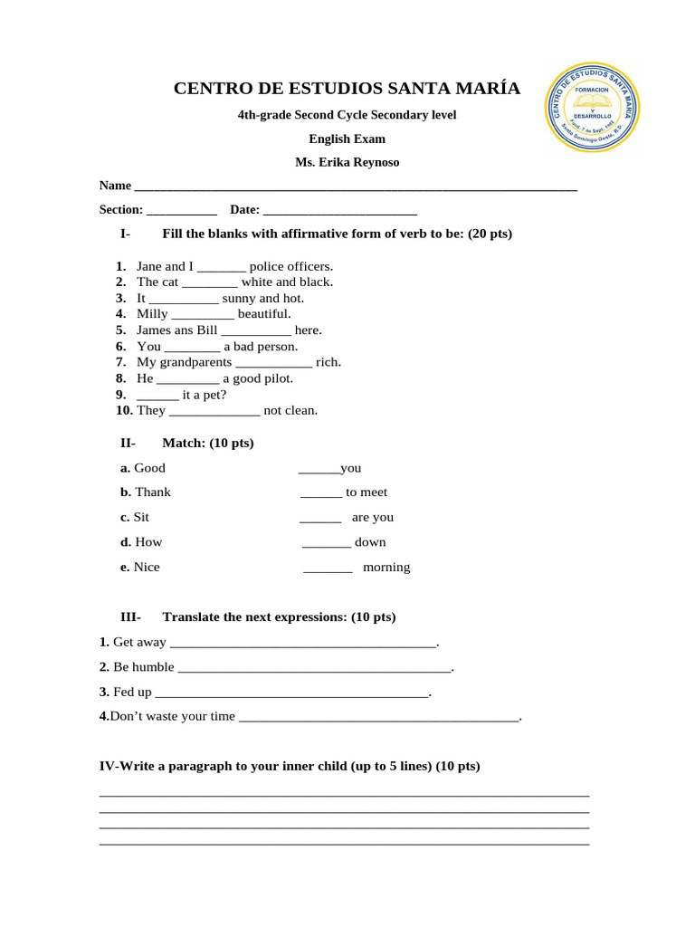 Examen de 4to Grado Ingles (Secundaria) | PDF