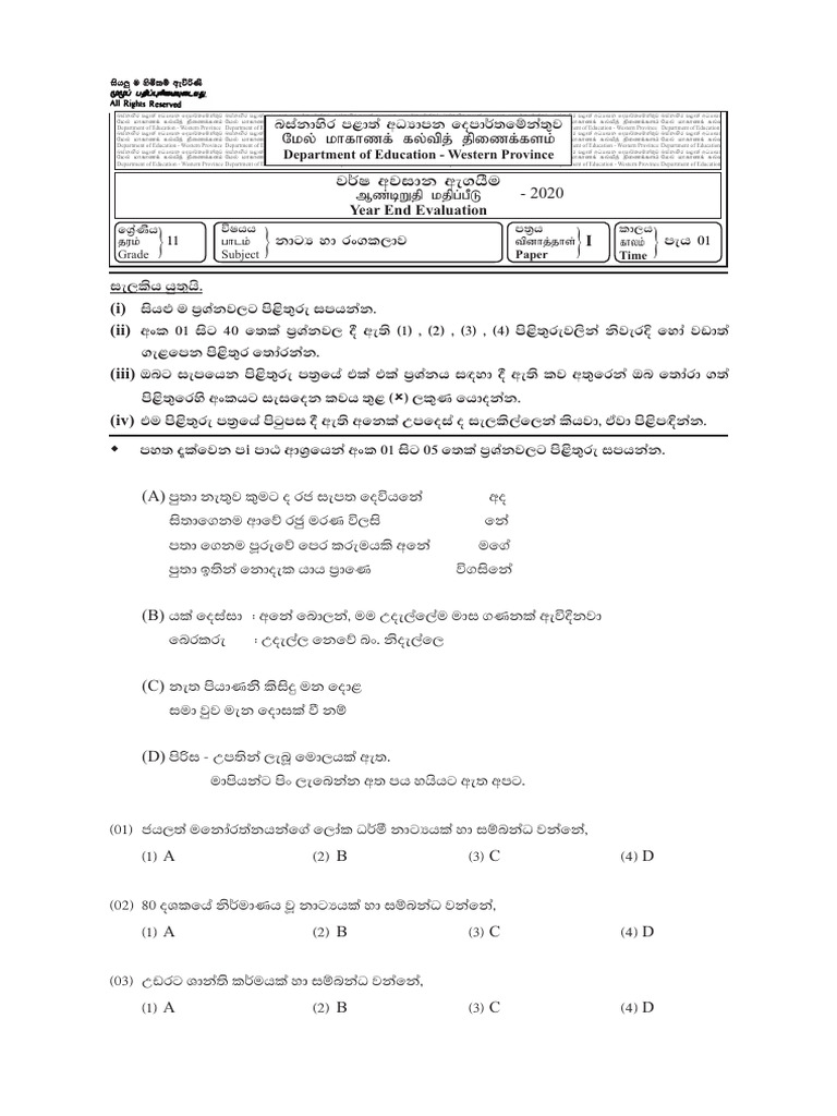 Grade 11 Drama Past Paper 2020 3rd Term Test Western Province | PDF