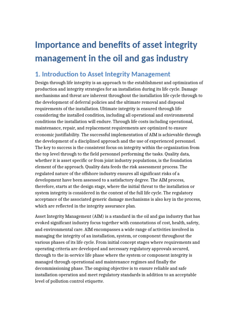 Importance and benefits of asset integrity management in the oil and ...