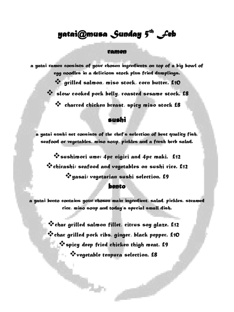 Yatai Ramen, Sushi, and Bento Menu | PDF