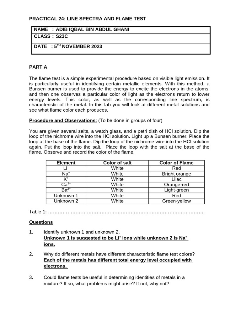 Line Spectra and Flame Test - Adib Iqbal s23c | PDF