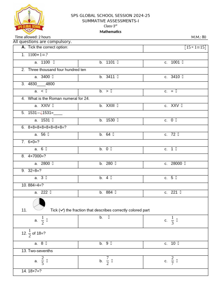 Class 3 Mathematics | PDF