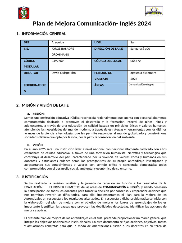 Plan de Mejora Comunicación - Inglés 2024 | PDF
