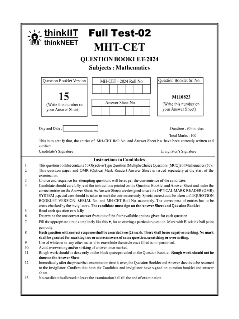 MHT MATHEMATICS Full Test-2 - Print | PDF