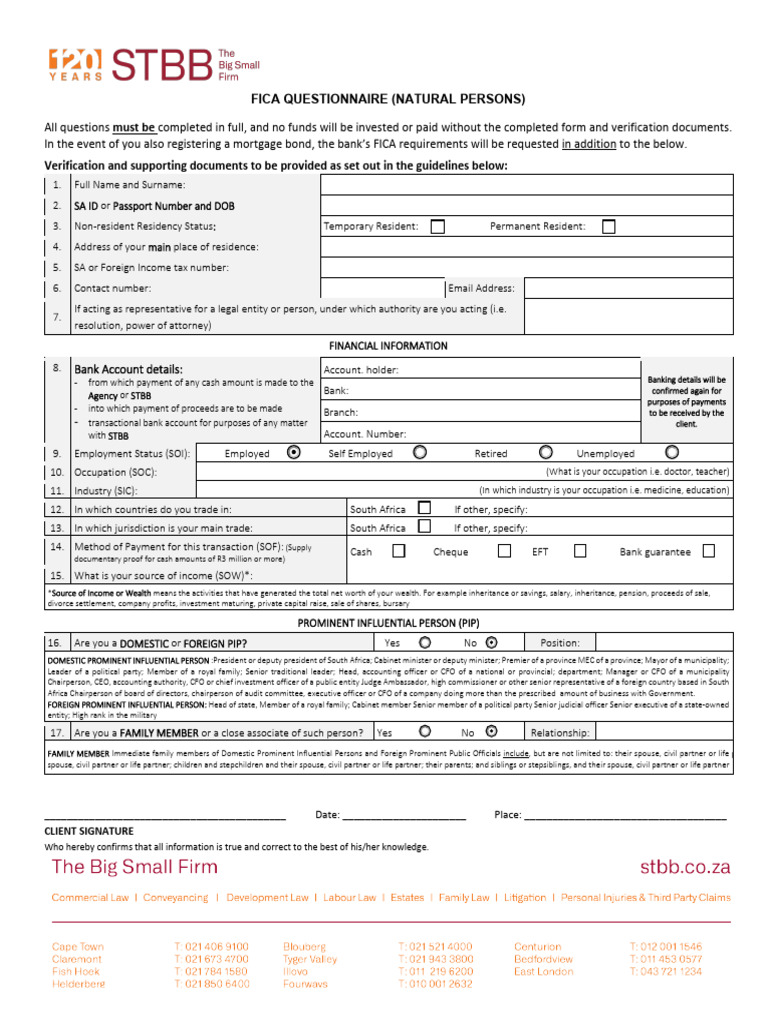 FICA Questionnaire Natural Person PDF Form Online | PDF