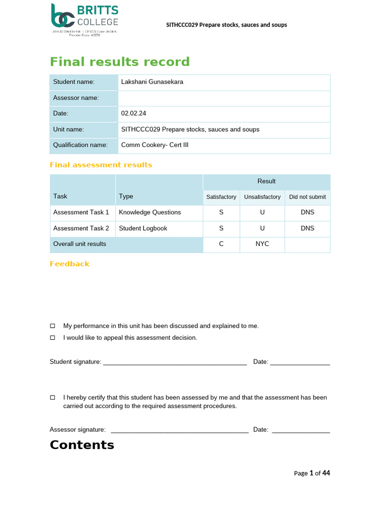 SITHCCC029 Student Assessment COMP | PDF