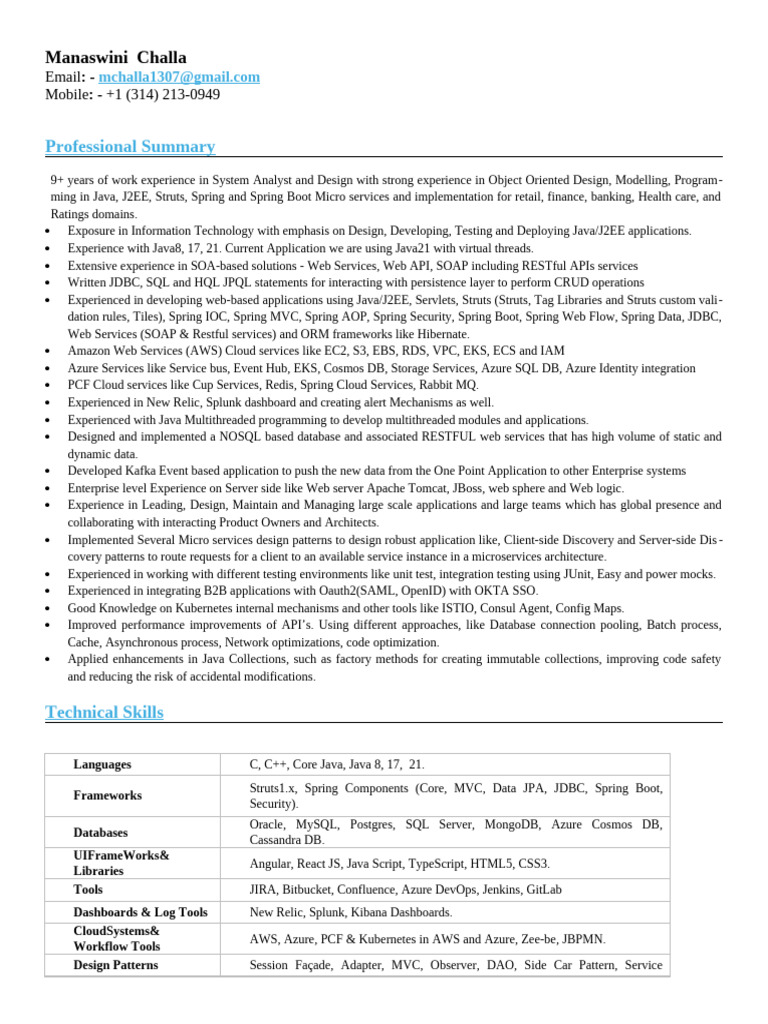ManaswiniChalla Resume JavaDeveloper | PDF | Spring Framework | Art