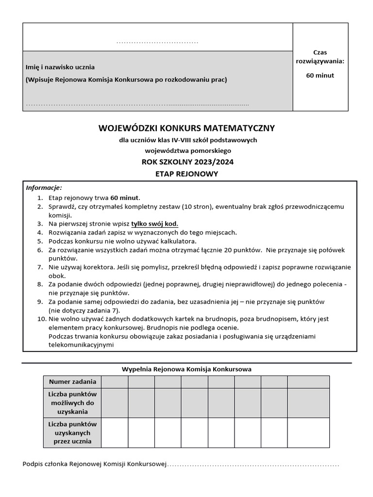 Arkusz Zadan Z Matematyki Stopien II Rejonowy 2023 2024 | PDF
