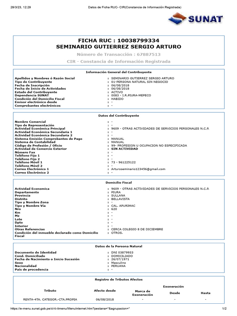 SUNAT - Menú SOL Ficha Ruc | PDF | Documento de identidad