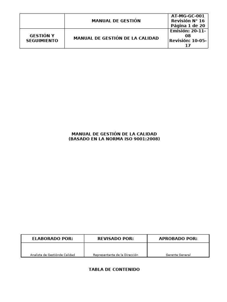 At-Mg-Cg-001 Manual de Gestion de La Calidad (En Revision) | PDF