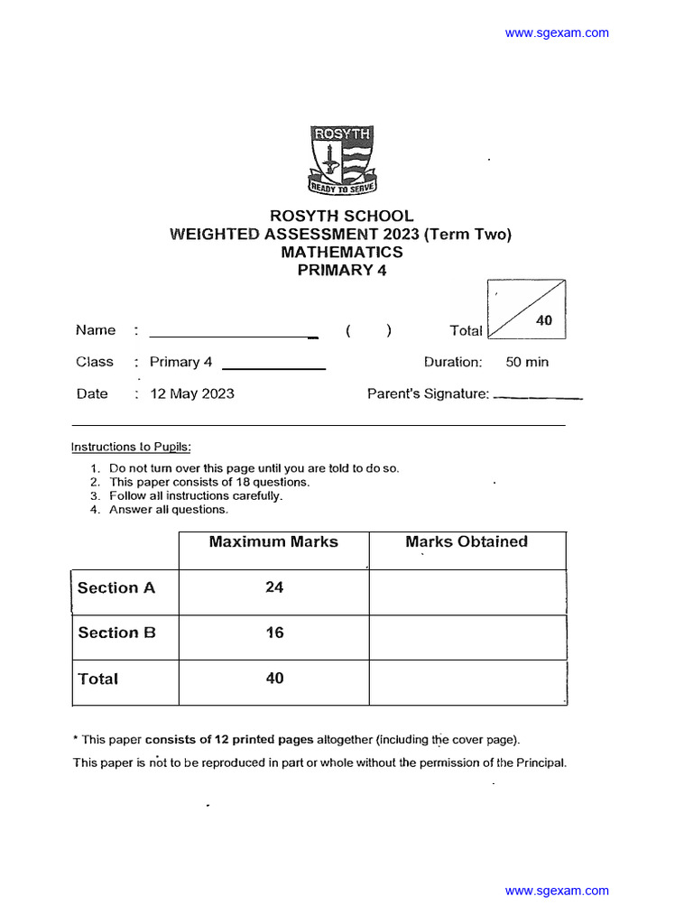 2023-P4-Maths-Weighted Assessment 2-Rosyth | PDF | Mathematics