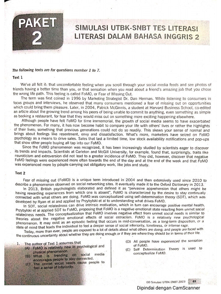 Paket 2 Simulasi Utbk Snbt Tes Literasi Dalam Bahasa Inggris 2 Pdf